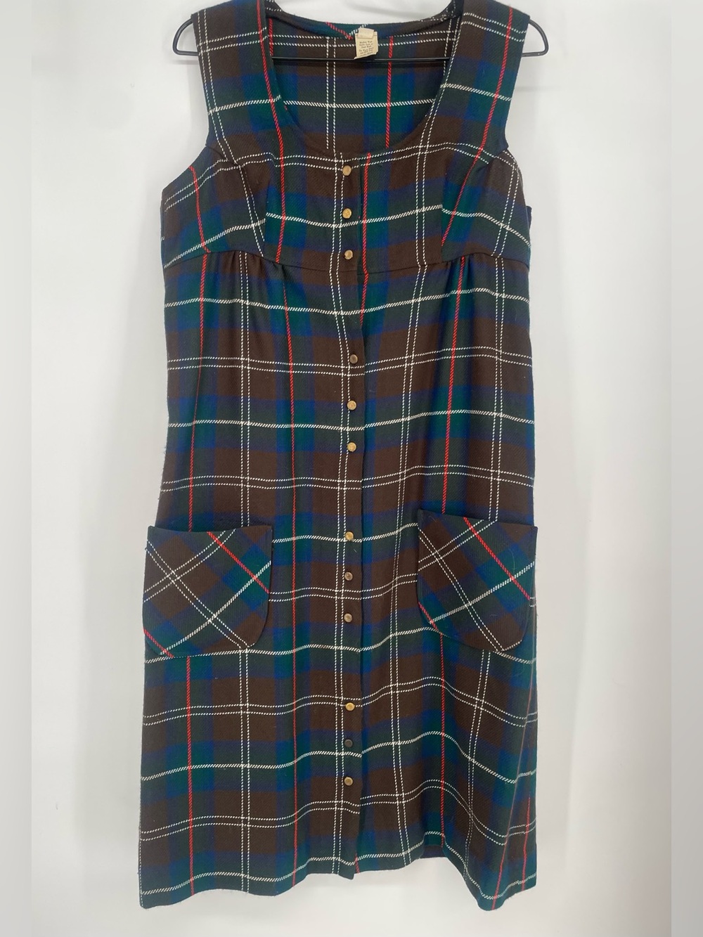Vintage 60s Wool* Plaid Brown Green Blue Mid Length Jumper Dress